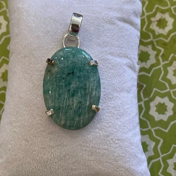 Natural Amazonite Oval Pendant – Blue Green Color Silver Plated - Brand New - Picture 1 of 7